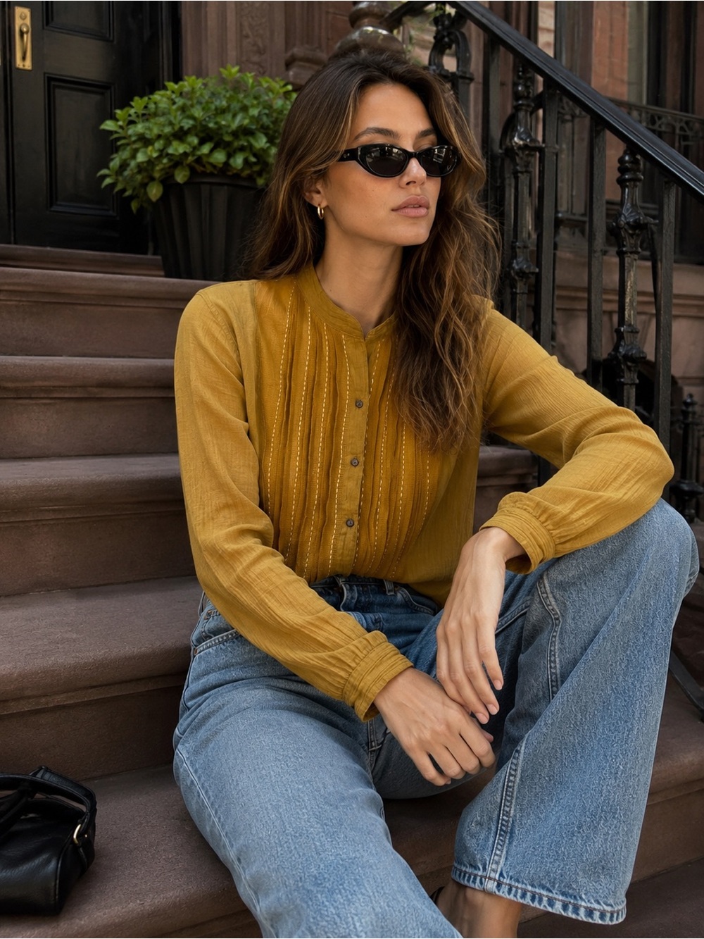 FP One Free People Mustard Cotton Gauze Pintuck Boho Blouse M